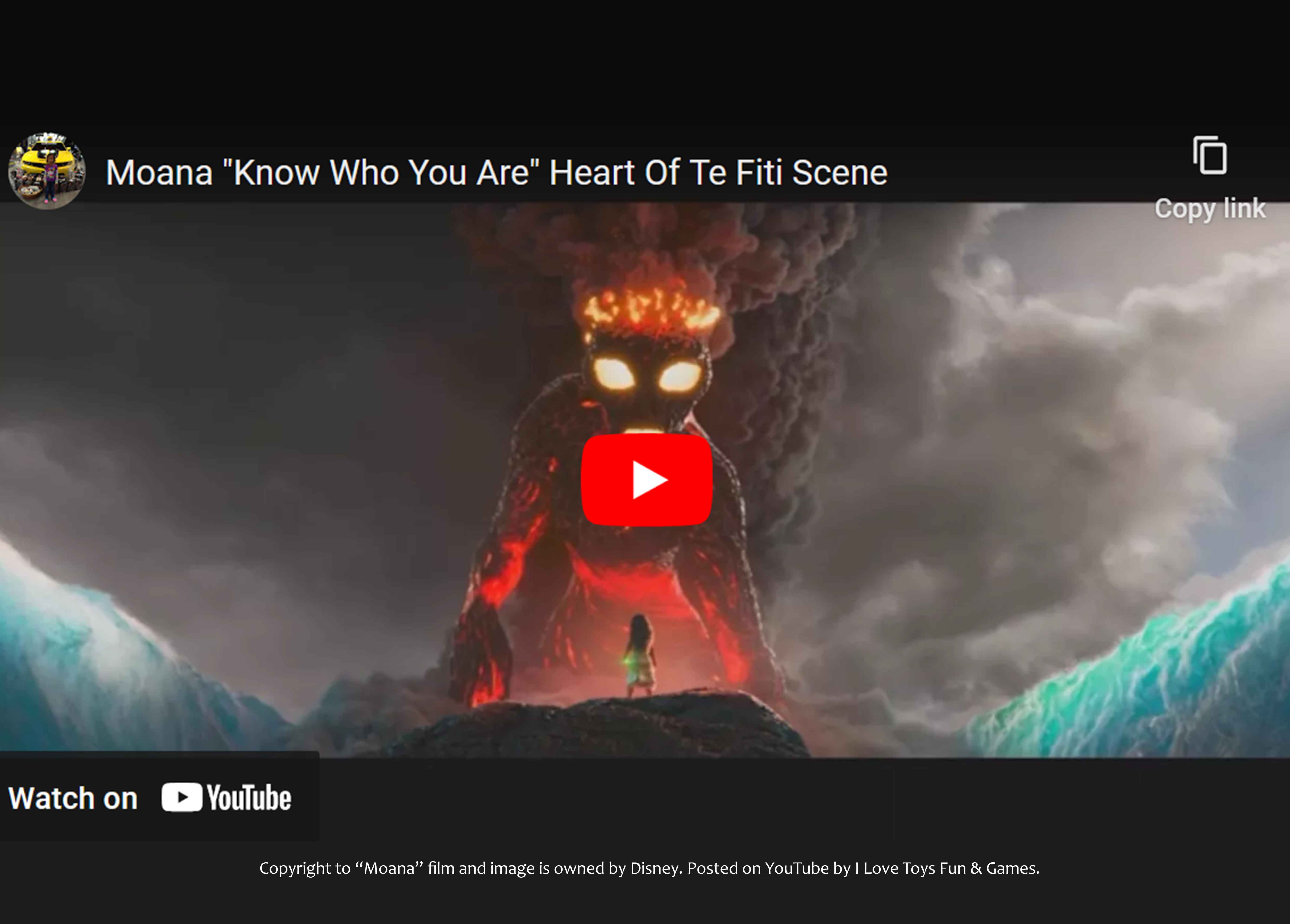 Still shot from Disney's 'Moana' movie in which Moana is speaking to the scary lava monster.